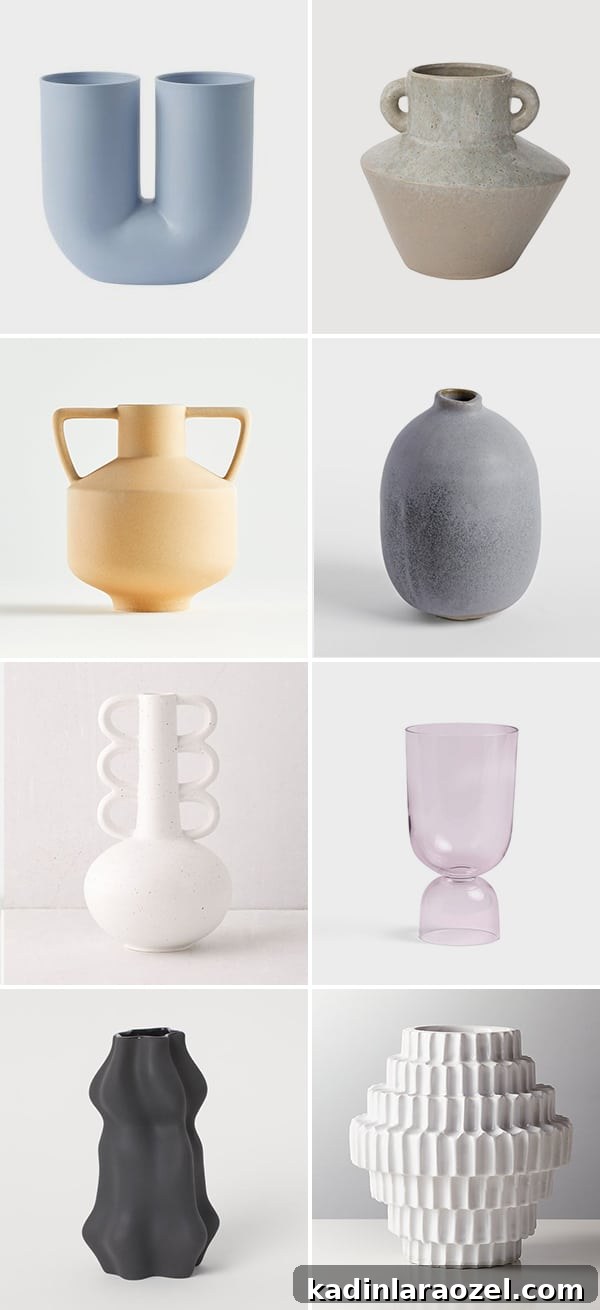 Image of 8 modern vases in different colors and shapes.