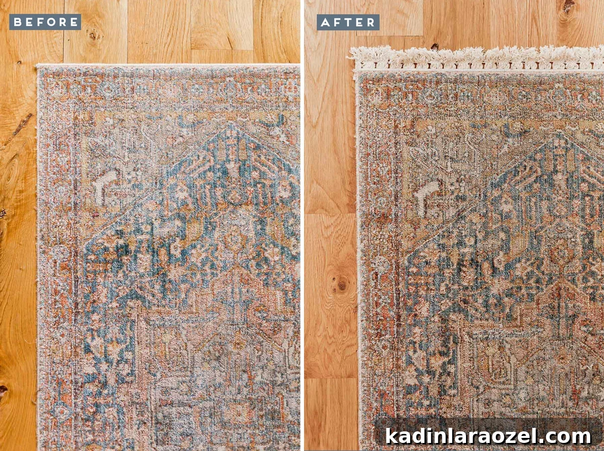 Rug Thug: Upgrade a Cheap Rug for $10 in Under 10 Minutes 3 side by side before and after for inexpensive rug with fringe