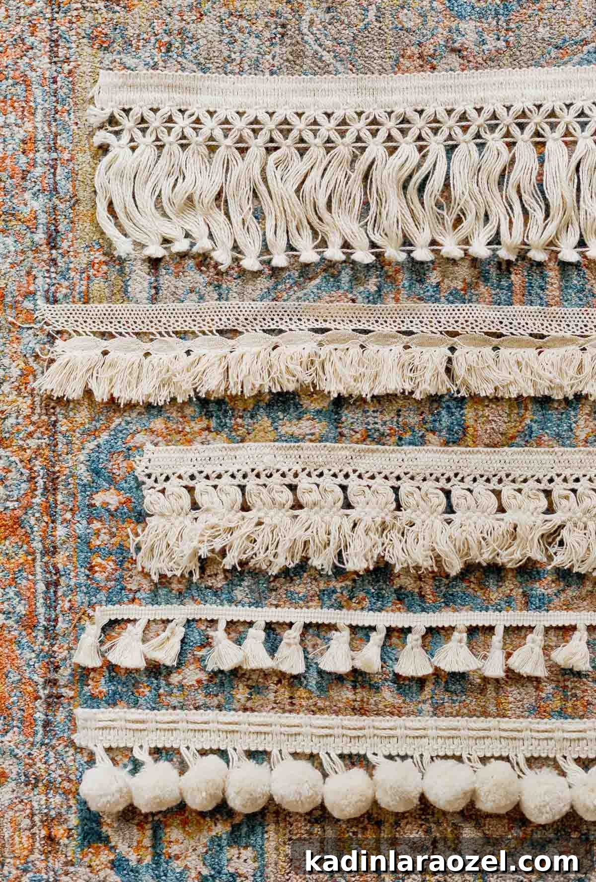 Rug Thug: Upgrade a Cheap Rug for $10 in Under 10 Minutes 4 five examples of rug fringe laid flat on the floor