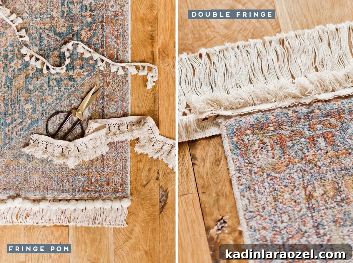 Rug Thug: Upgrade a Cheap Rug for $10 in Under 10 Minutes 5 adding fringe to budget-friendly rug with scissors and needle and thread