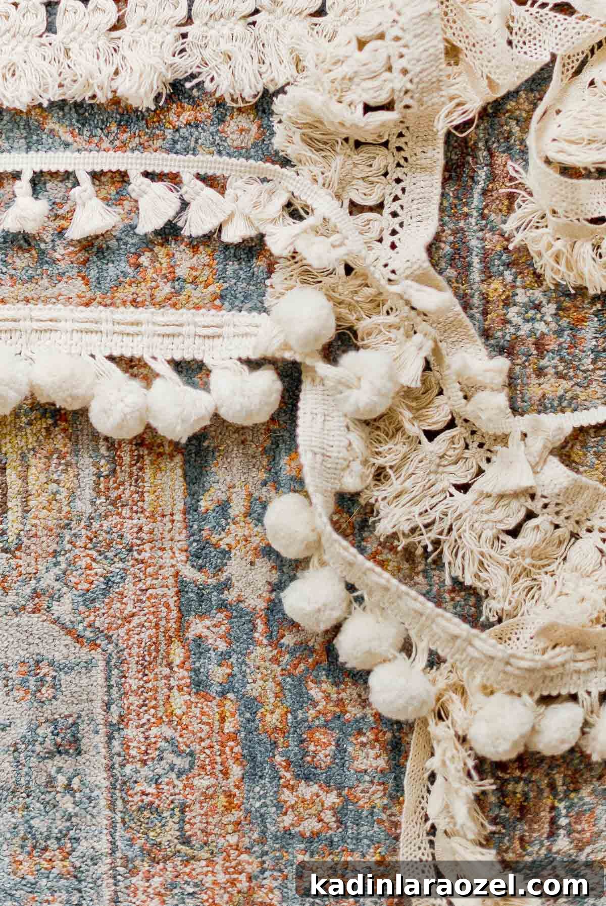 Rug Thug: Upgrade a Cheap Rug for $10 in Under 10 Minutes 9 cream colored fringe and tassel trim on a persian style rug