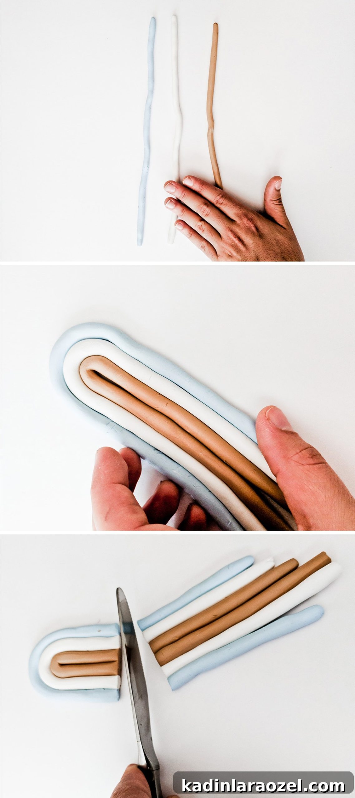 Steps that show how to make a clay rainbow using a coil technique.