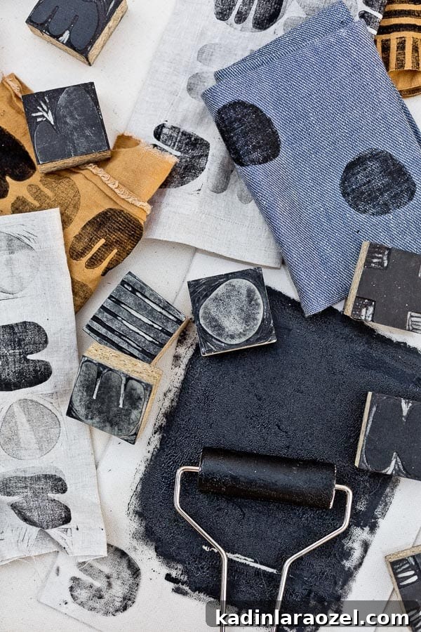 Block Printing Basics: A Step-by-Step Guide to Printing Fabric 11 Inked linoleum blocks ready to print onto fabric with brayer and fabric ink.