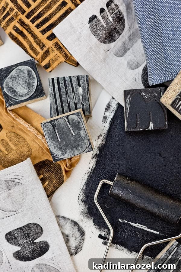 Block Printing Basics: A Step-by-Step Guide to Printing Fabric 3 In process photo of carved linoleum blocks and block printed pattern fabrics with black ink and brayer.