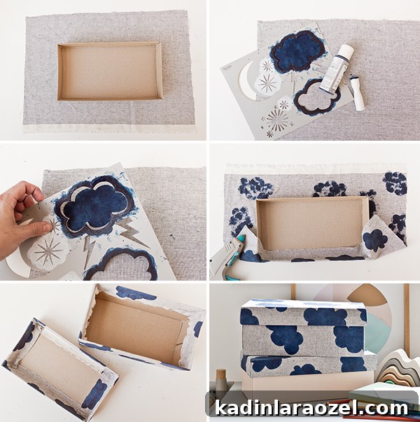 3 Stylish Back-to-School DIY Projects That Impress 4 step instructions for covering an old shoe box with fabric for storage