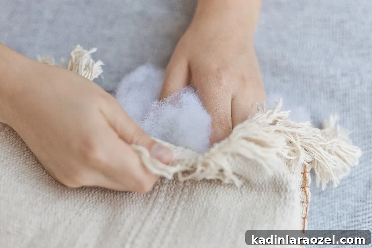 Add stuffing or polyfil to your cat bed before sewing up the remaining side.
