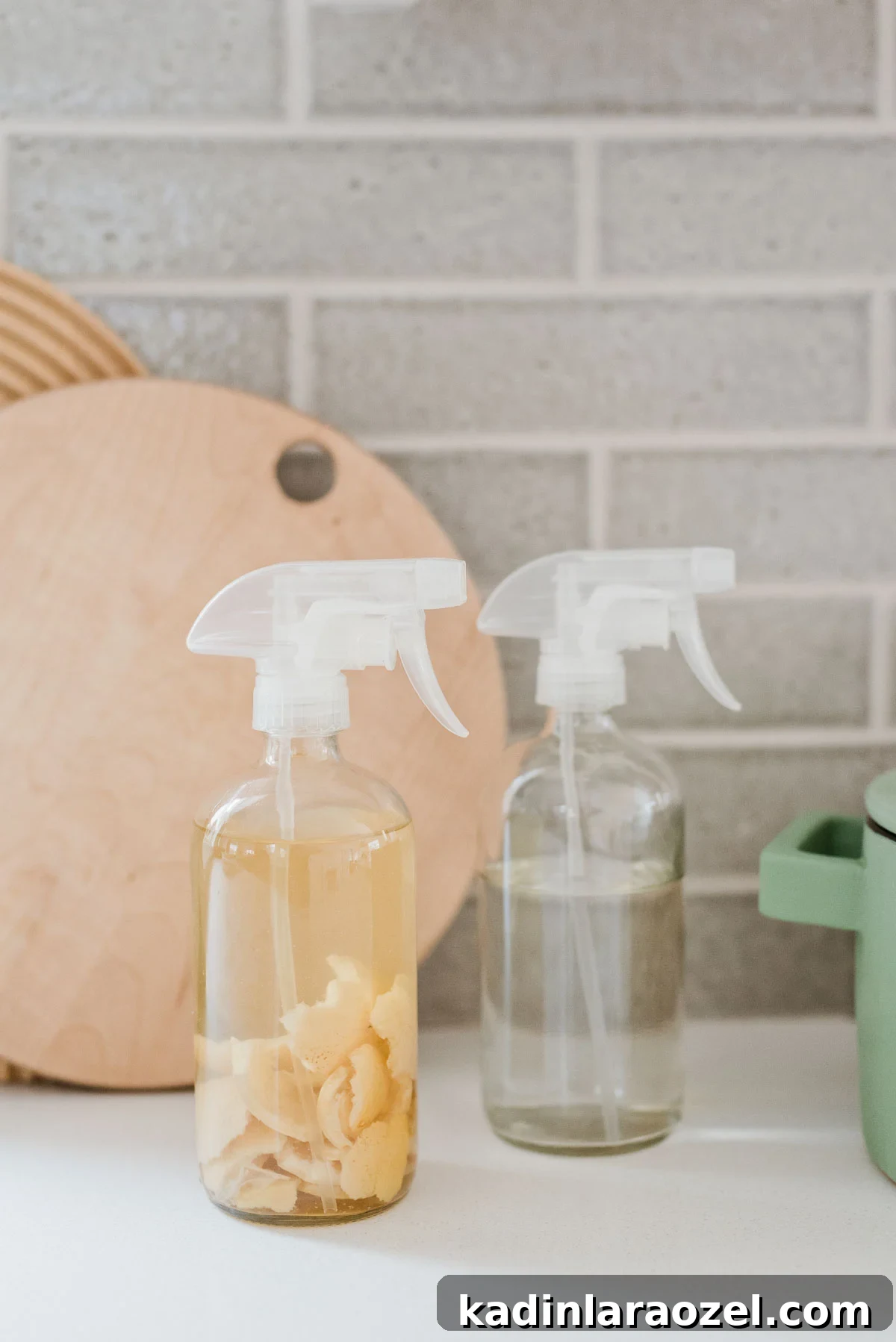 3 DIY Natural Cleaning Recipes You Can Make at Home Today 3 Homemade cleaners in glass bottles on counter with grey backsplash