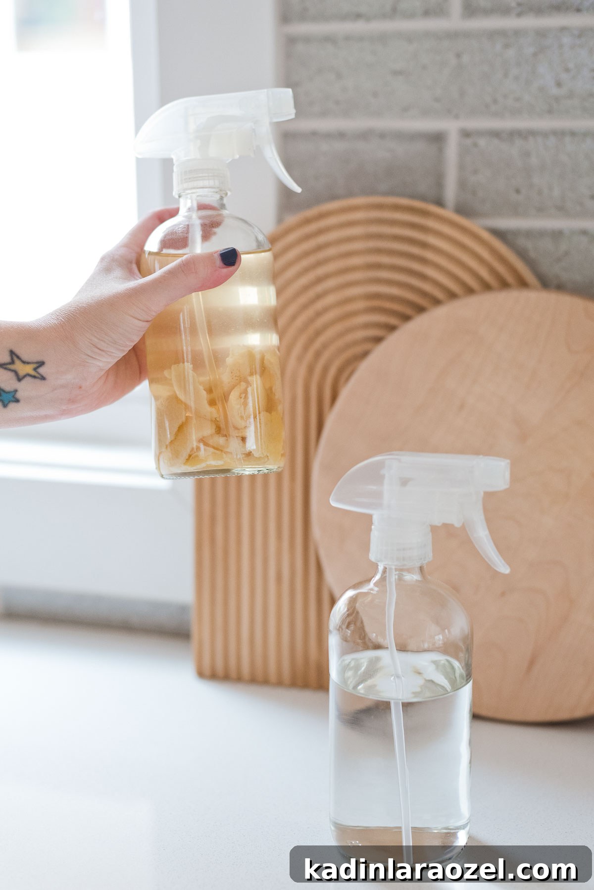 3 DIY Natural Cleaning Recipes You Can Make at Home Today 6 Holding homemade cleaners in kitchen with light grey backsplash.
