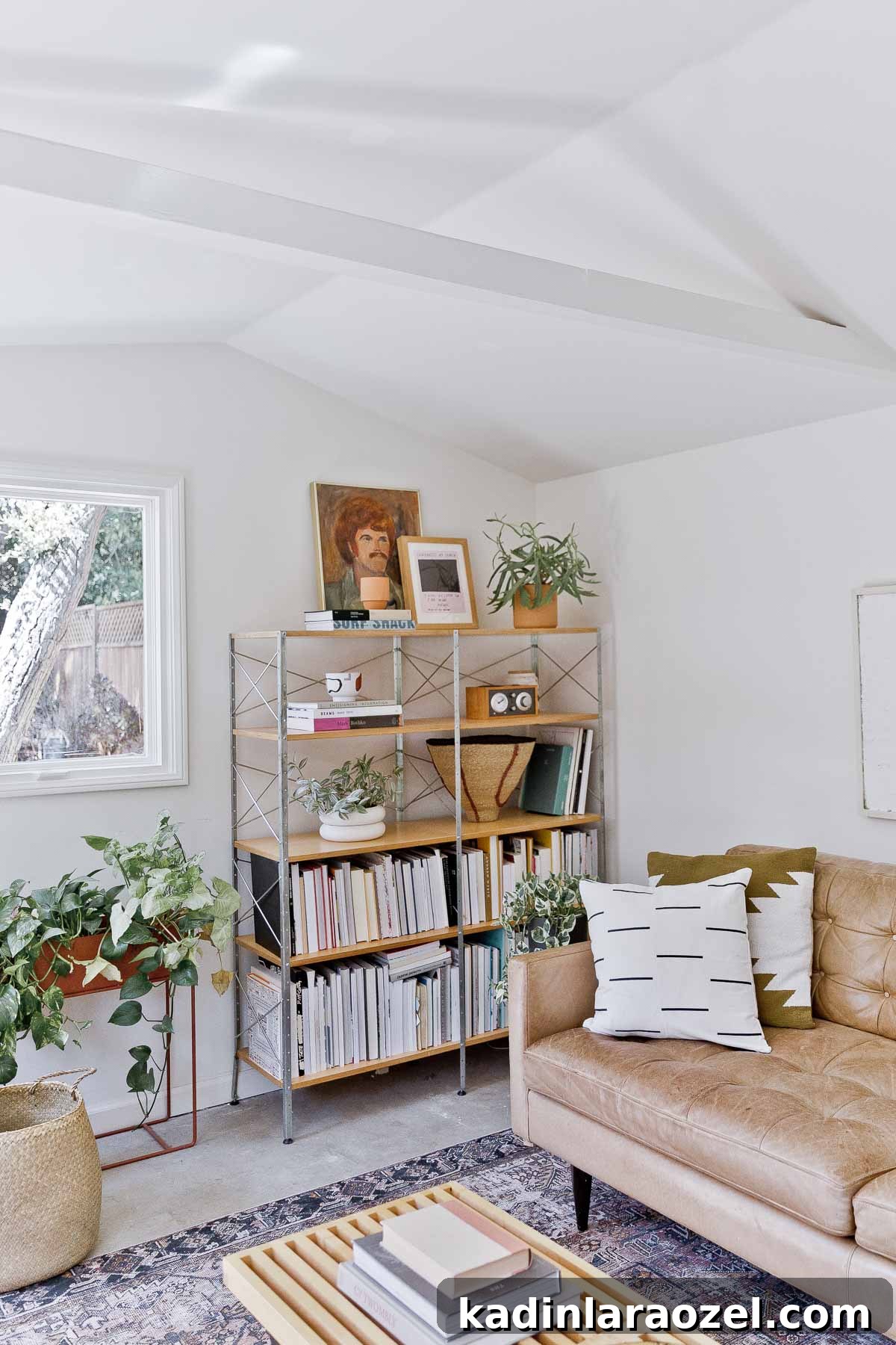 Styled book shelf in organic modern loft space.