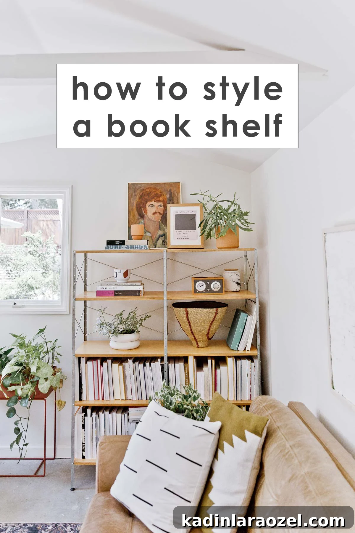 mid-century wood bookshelf in modern living room with text overlay