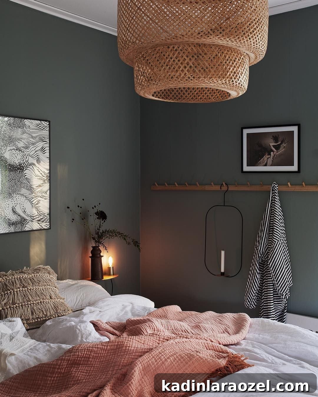 Moody Green Interiors: 12 Stylish Ways to Use the Color 13 A moody green bedroom with natural wood accents.