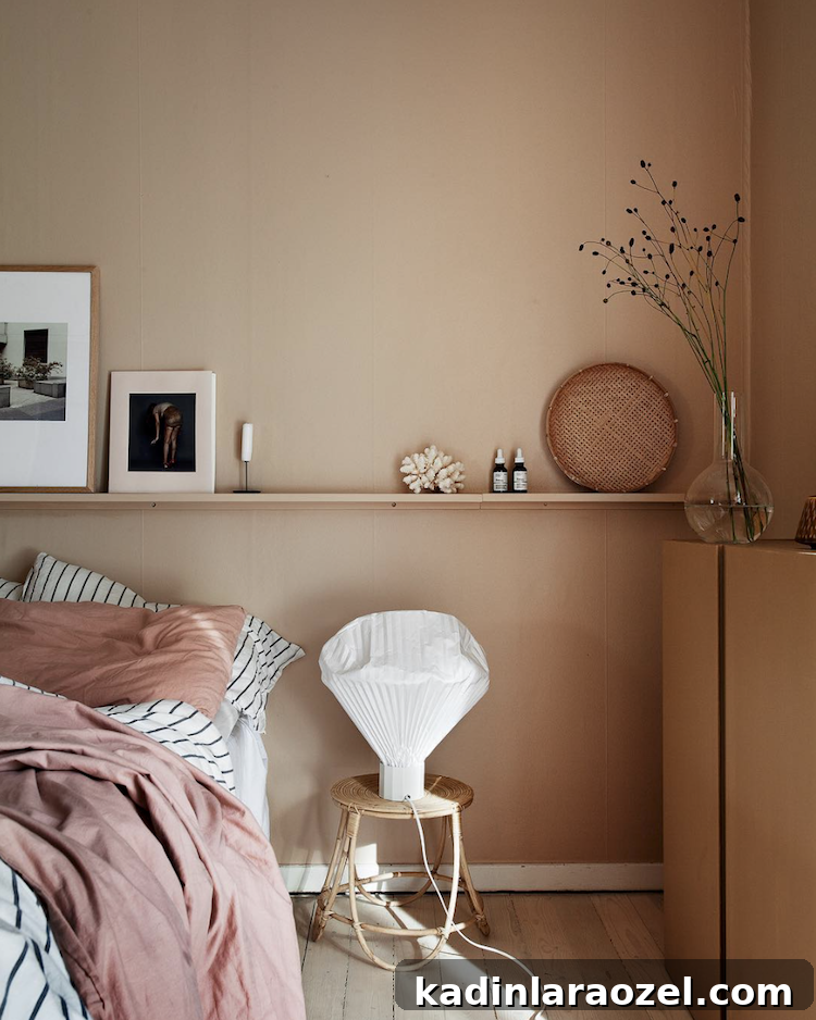 beige-tan painted walls in a modern minimalism bedroom with single shelf