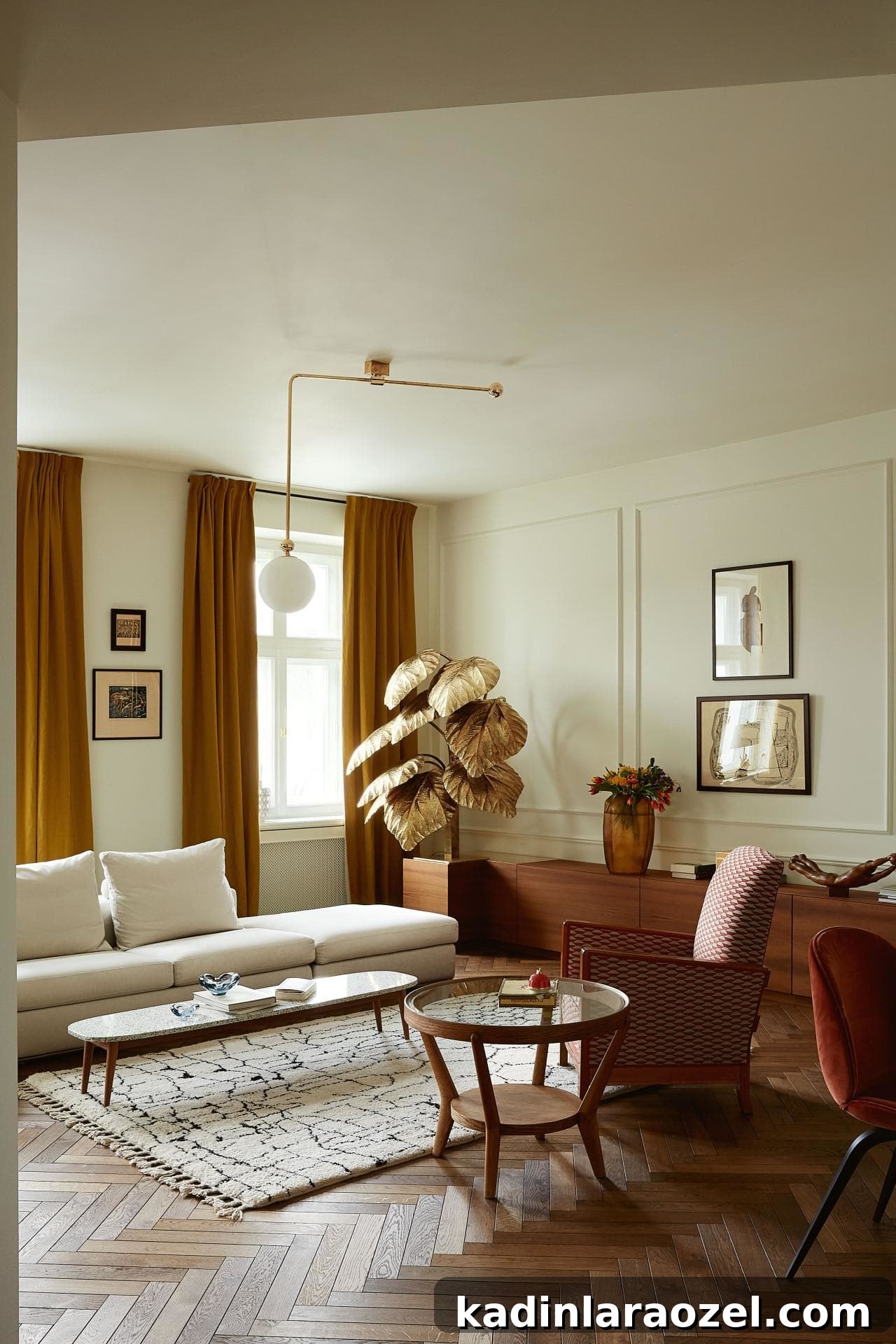 neutral living room with shag rug and mustard velvet curtains