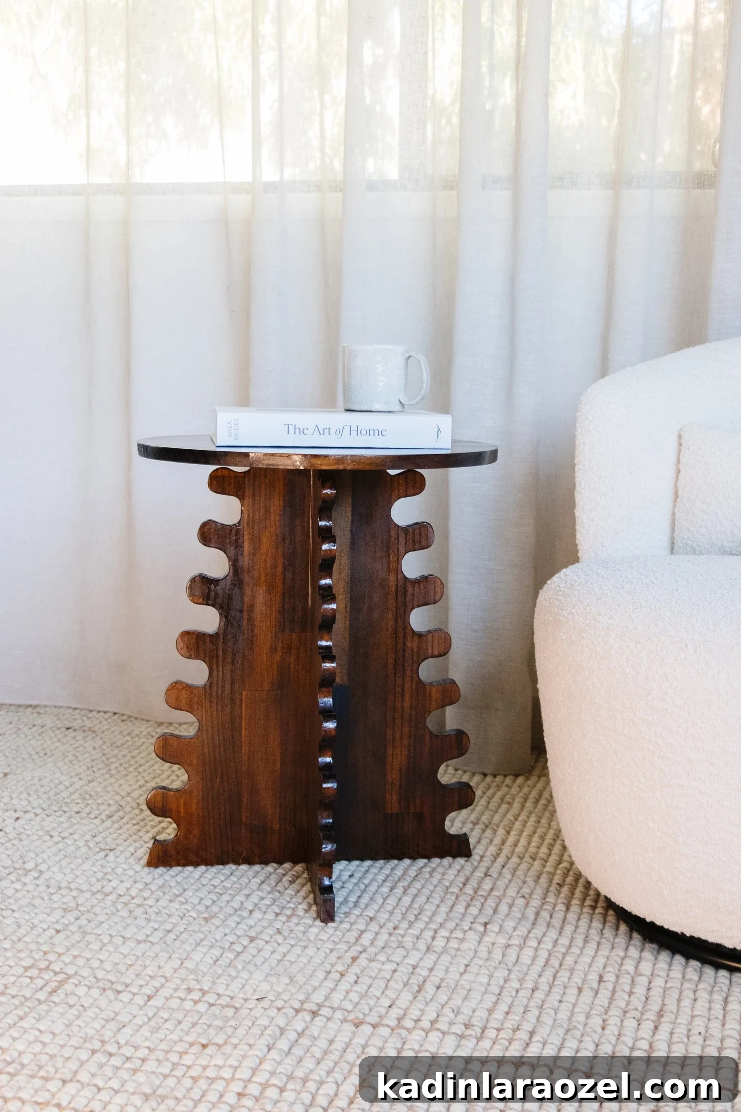 funky wood side table in a minimal modern living room