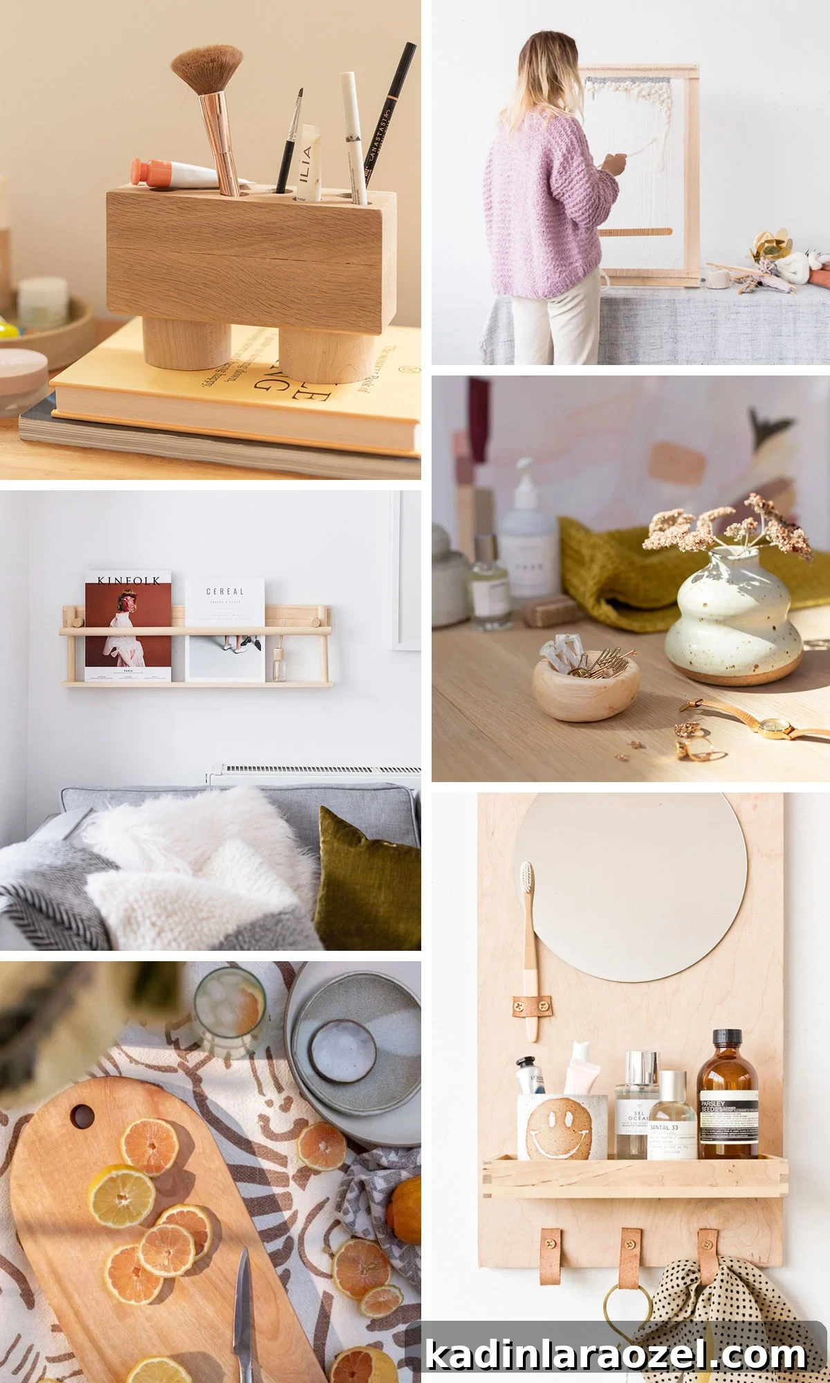variety of diy home decor projects made of wood, in a minimal modern style