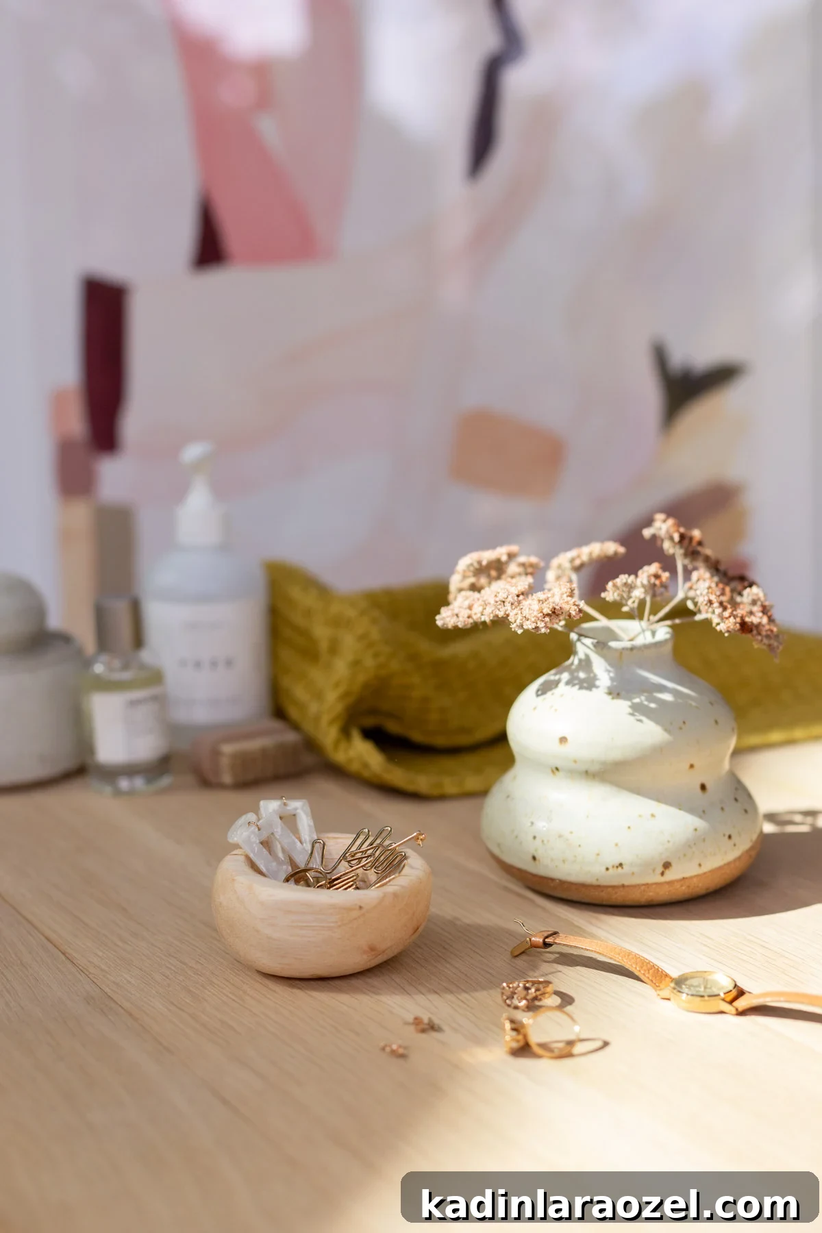 small wooden bowl with modern jewelry