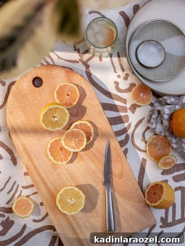 diy wood cutting board with sliced citrus and knife