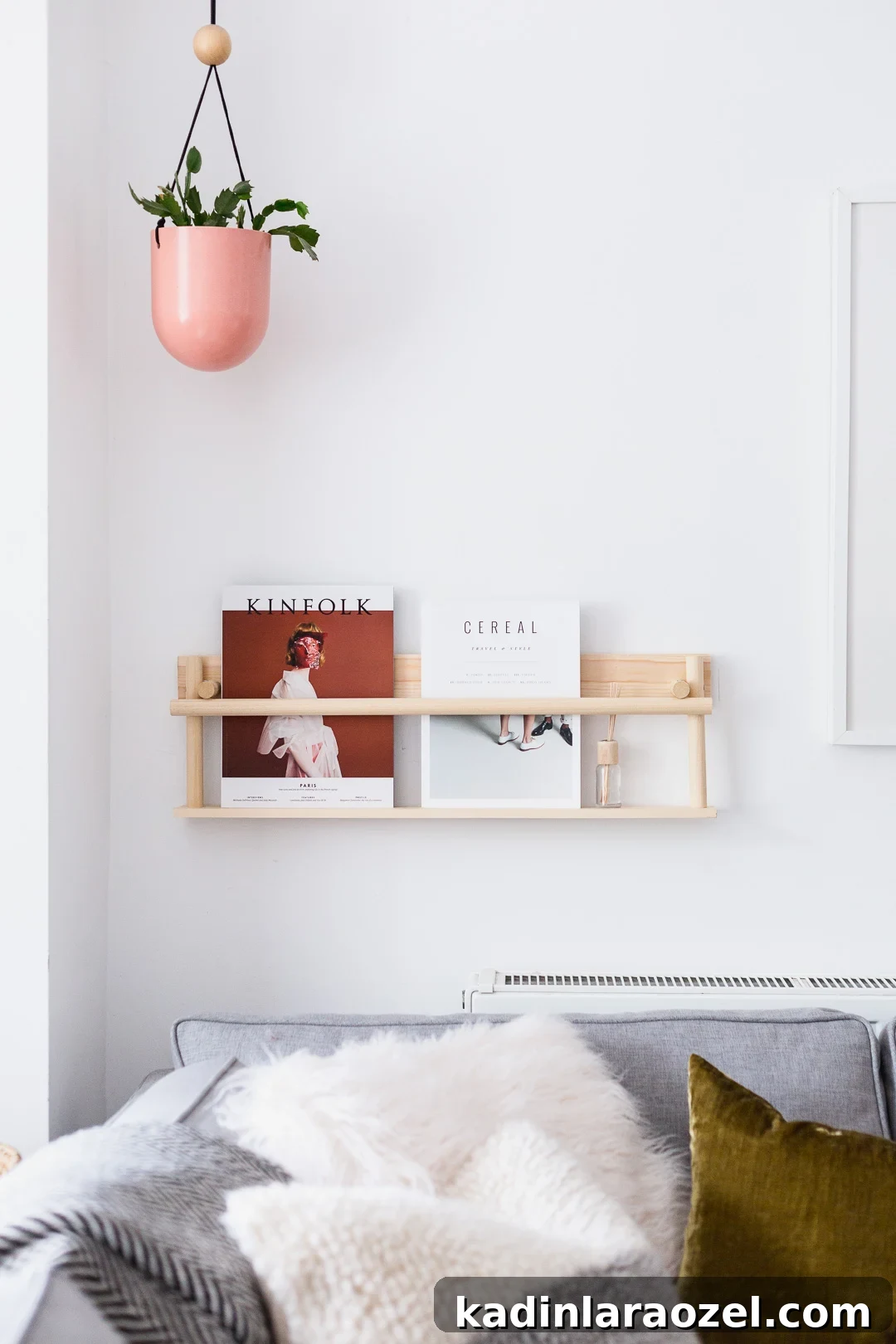 wood shelf on white wall in modern living room with neutral modern decor