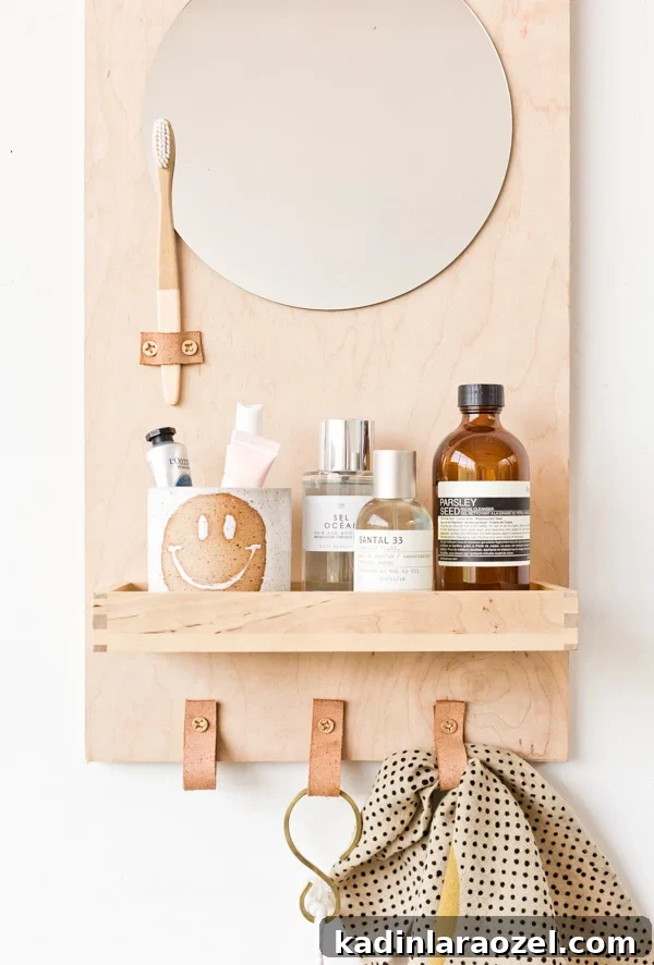 wood organizer for bathroom with mirror, shelf, and place for toothbrush