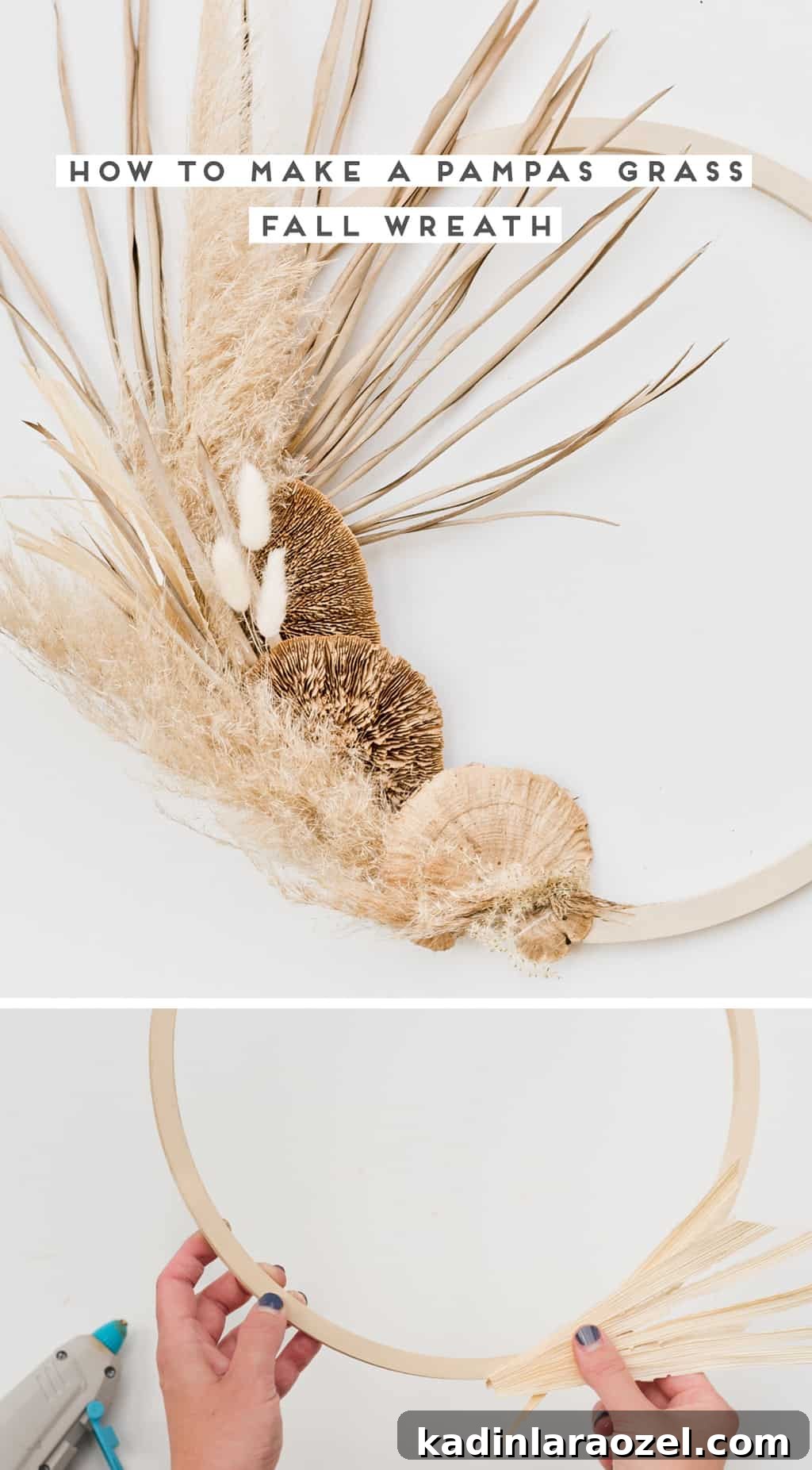 Image of a modern fall wreath made of pampas grass and dried mushrooms.