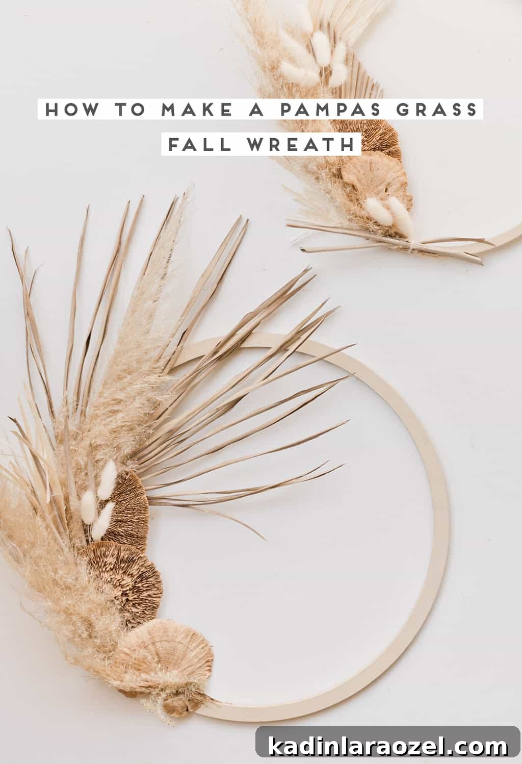 An image of pampas grass and dried floral fall wreaths.