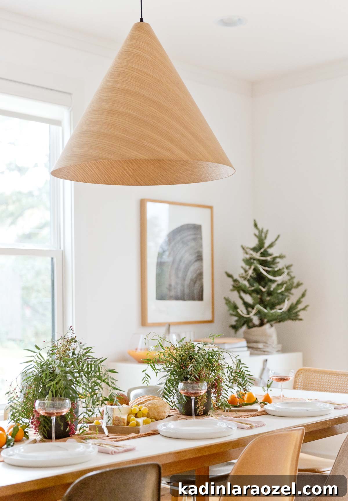 Holiday decor on a simple mid-century dining table 