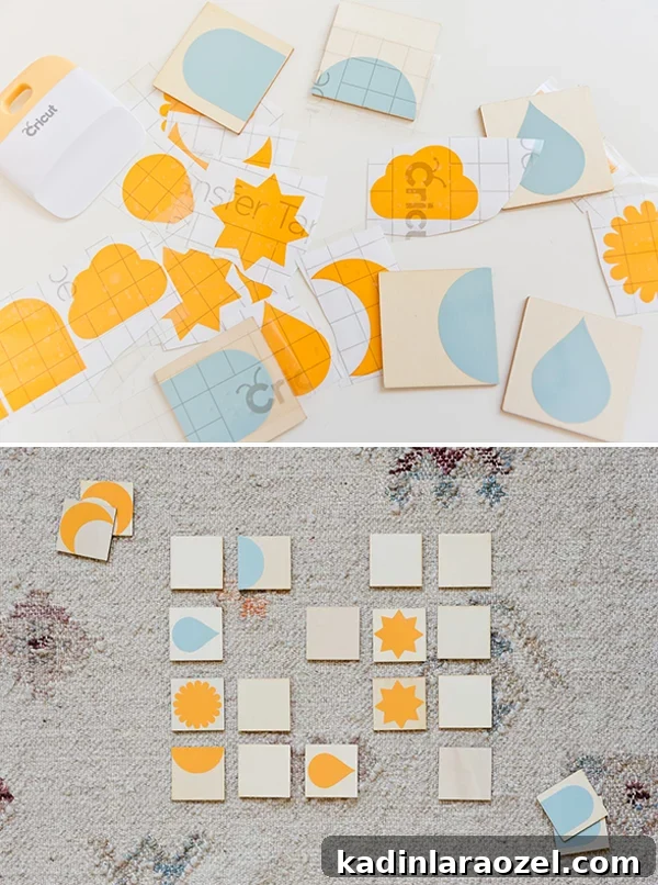 Blue and yellow memory game with simple nature shapes
