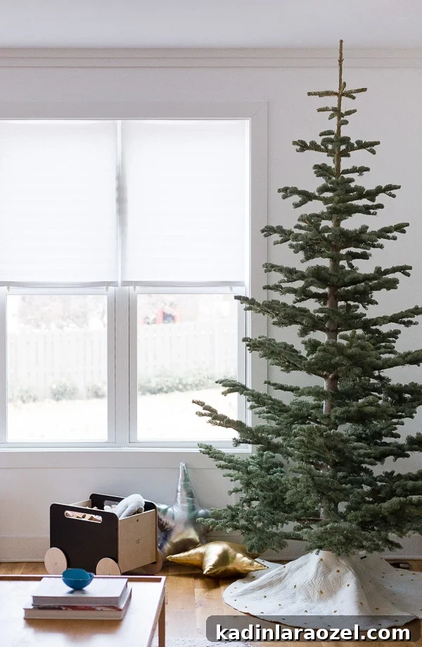 Simple, modern Christmas tree with no ornaments