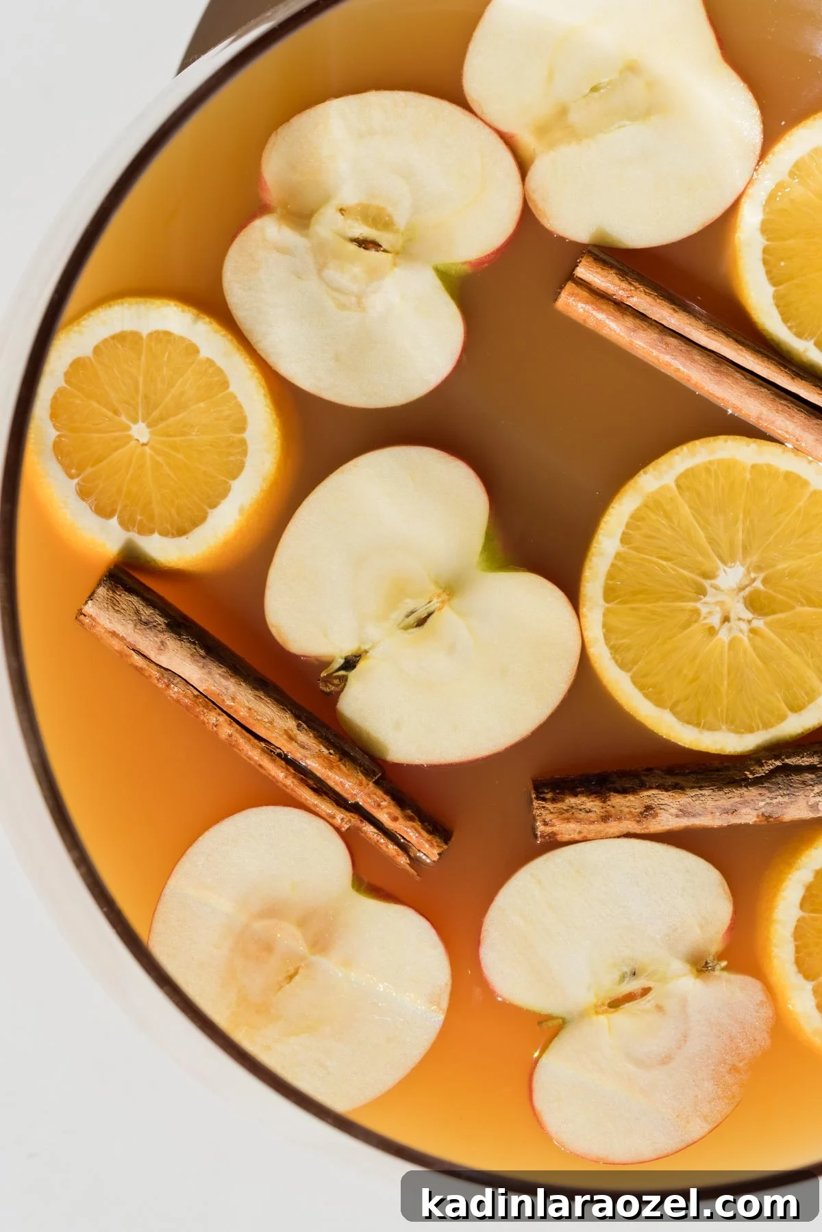 Apples, oranges, and cinnamon sticks floating in spiked cider punch bowl