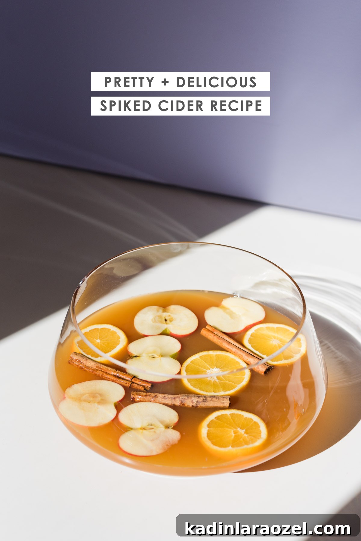 Punch bowl filled with cider, apples, cinnamon sticks, and oranges