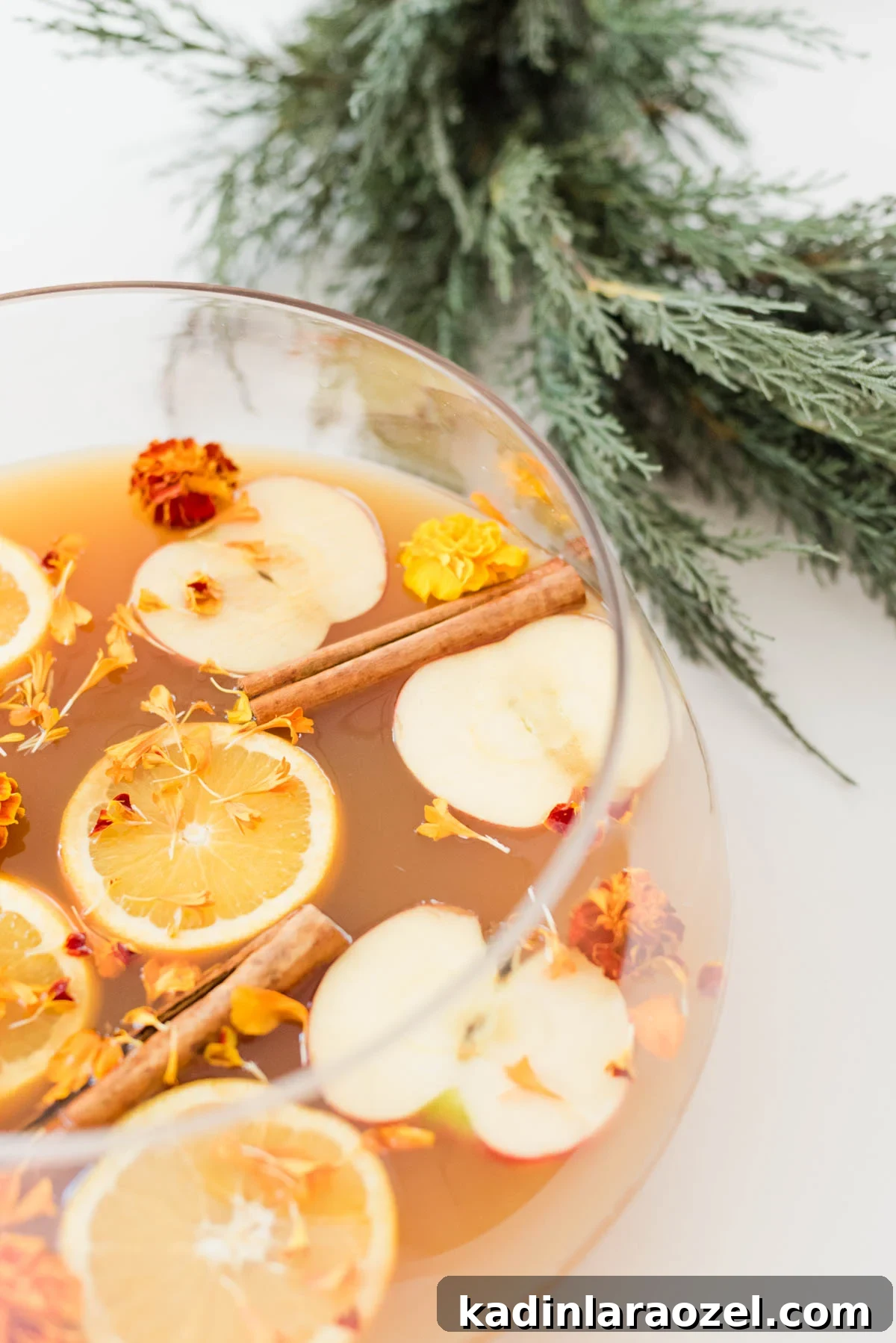 Punch bowl filled with apple cider, orange slices, apple slices, and cinnamon sticks for the holidays