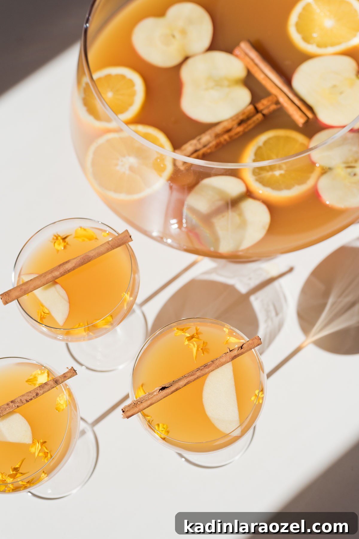 apple cider cocktails on white table, next to glass punch bowl, sunlight shining through