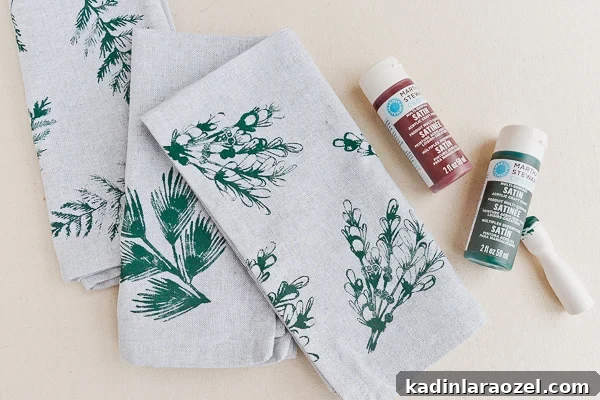 3 DIY Holiday Hostess Gifts That Impress 10 Stenciled fabric napkins with dark green floral design