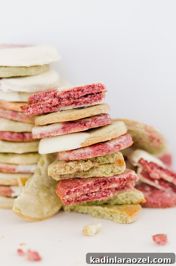 Stacked homemade sugar cookies in red and green (without using food coloring)