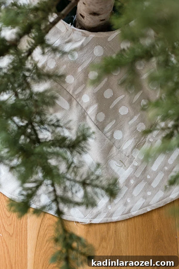 Closeup of mud cloth tree skirt DIY
