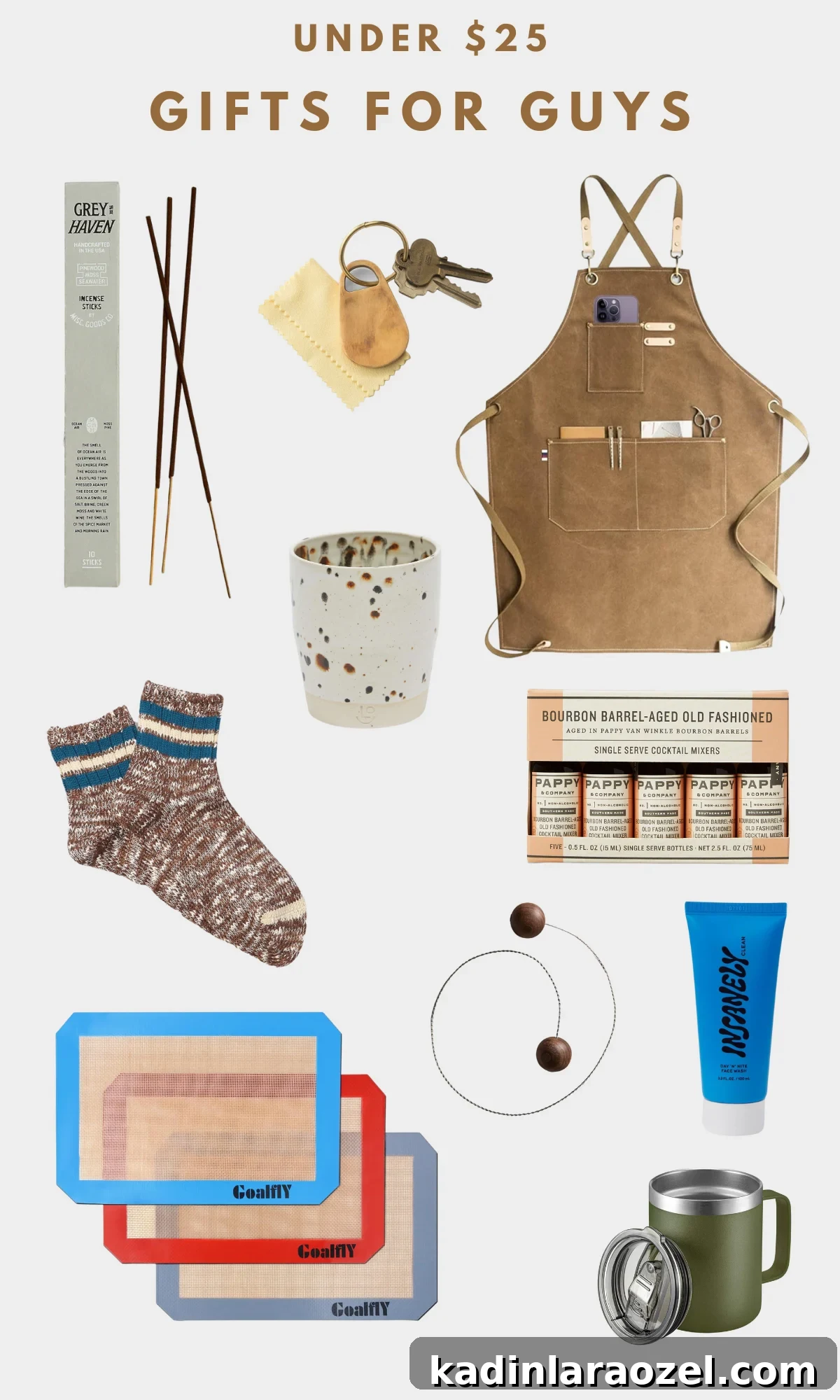 43 Gift Ideas for Men — Cool Picks for Every Budget 3 Gifts for guys that include a cooking apron, striped socks, a unique handmade mug, incense, a wire saw cutter and more