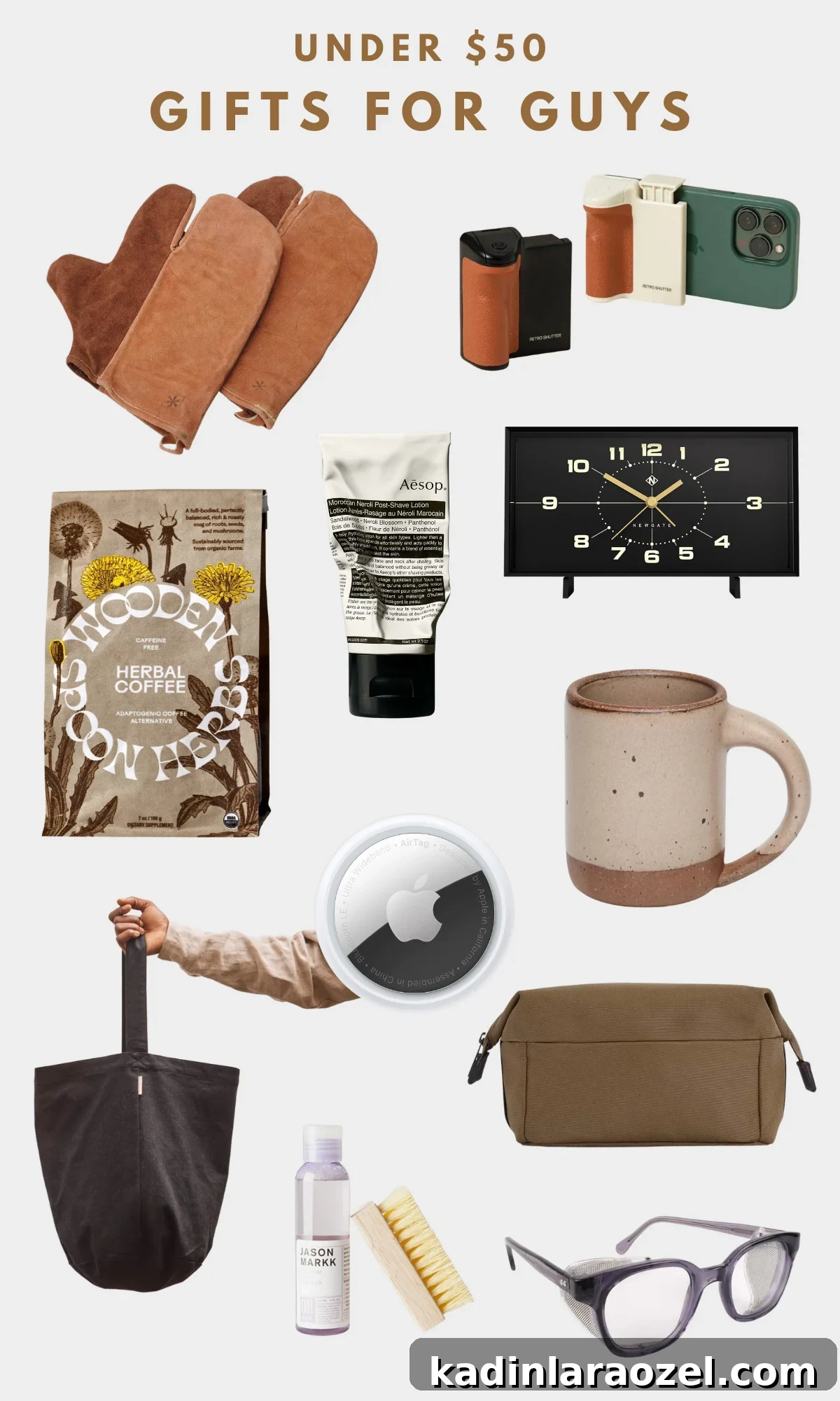 43 Gift Ideas for Men — Cool Picks for Every Budget 4 Gifts for guys which include herbal coffee, ceramic coffee mugs, campfire mats, safety goggles, and other unique gifts