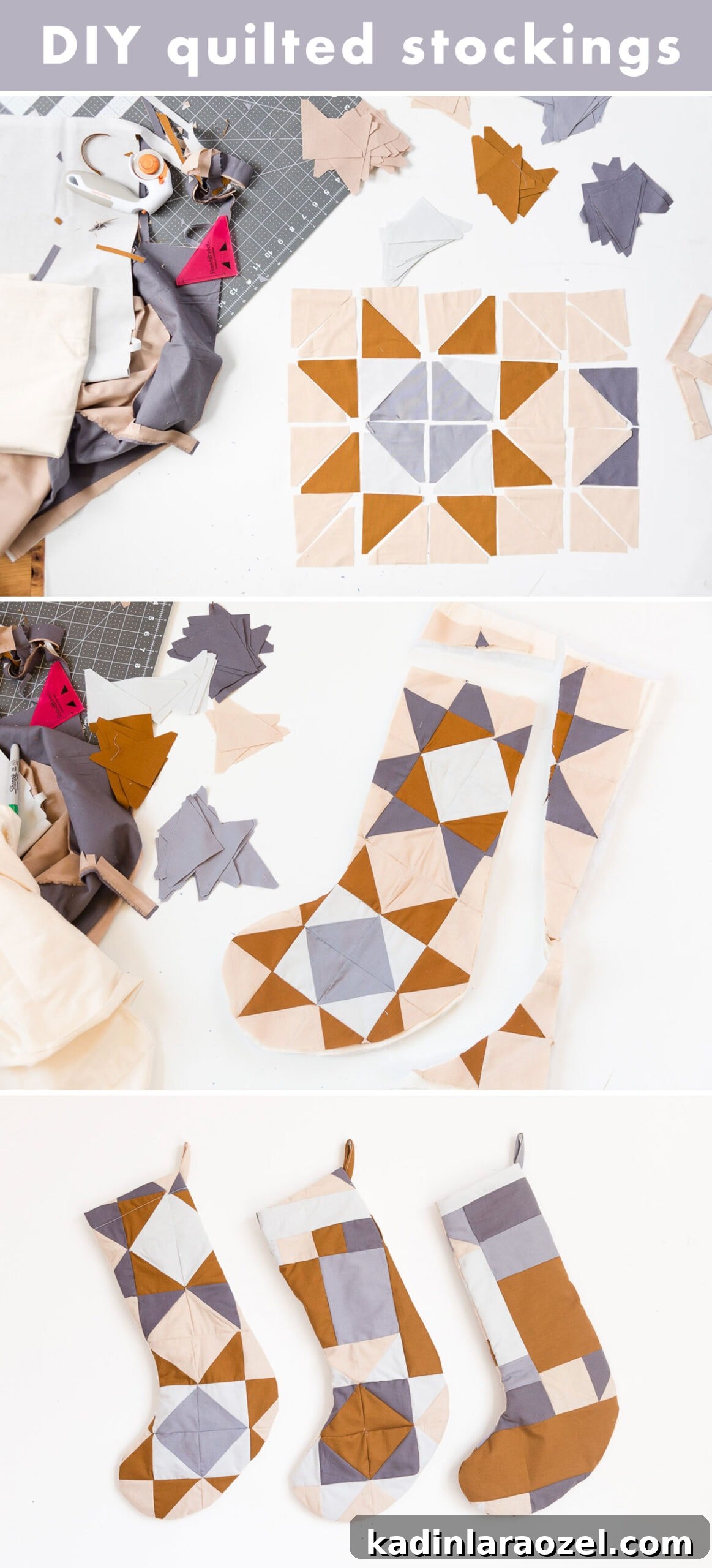 Step by step photos that show how to make a quilted Christmas stocking.