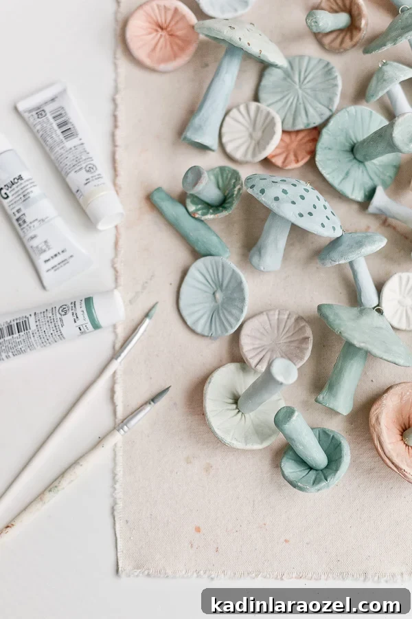 DIY Clay Mushroom Christmas Ornaments: Step-by-Step Guide 14 How to Make Clay Mushrooms - paints and mushrooms and paint brushes