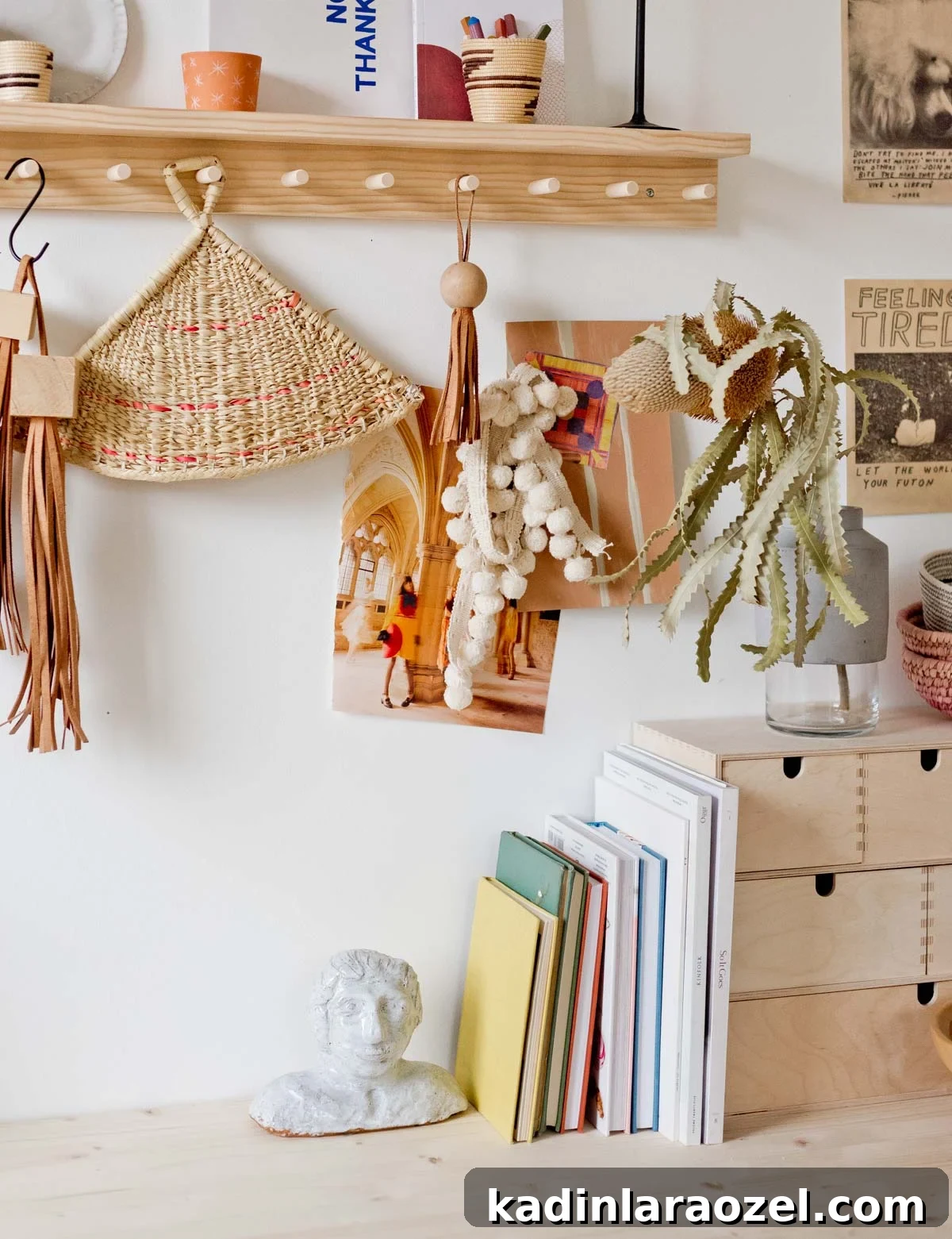 70 Inspiring Journal Prompts to Spark Daily Reflection 2 work from home desk space with wall hooks and artful items hanging from the peg rails