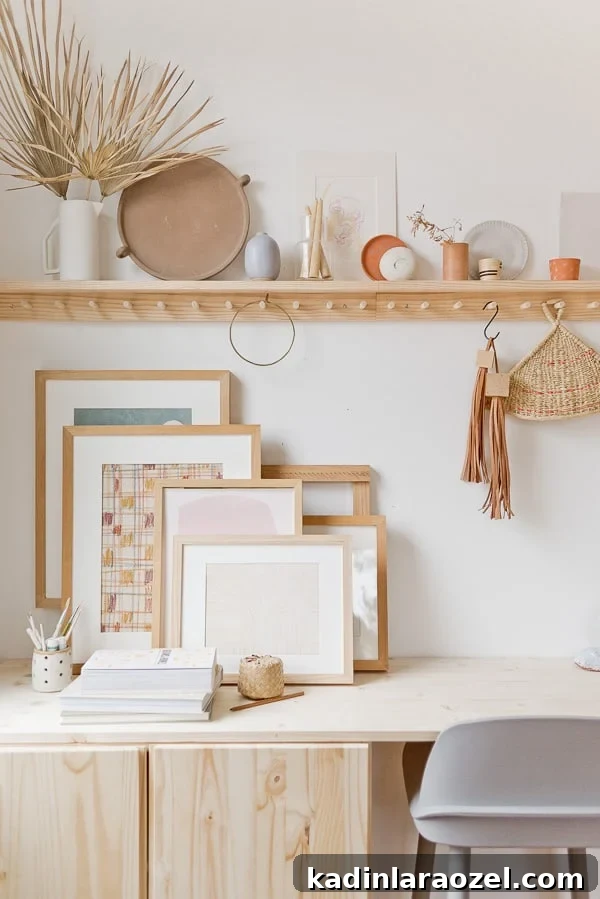 DIY Standing Desk Hack: Convert IKEA IVAR into a Sit-Stand Workstation 7 Stacked artwork and a long peg rail in a home office filled with DIY touches