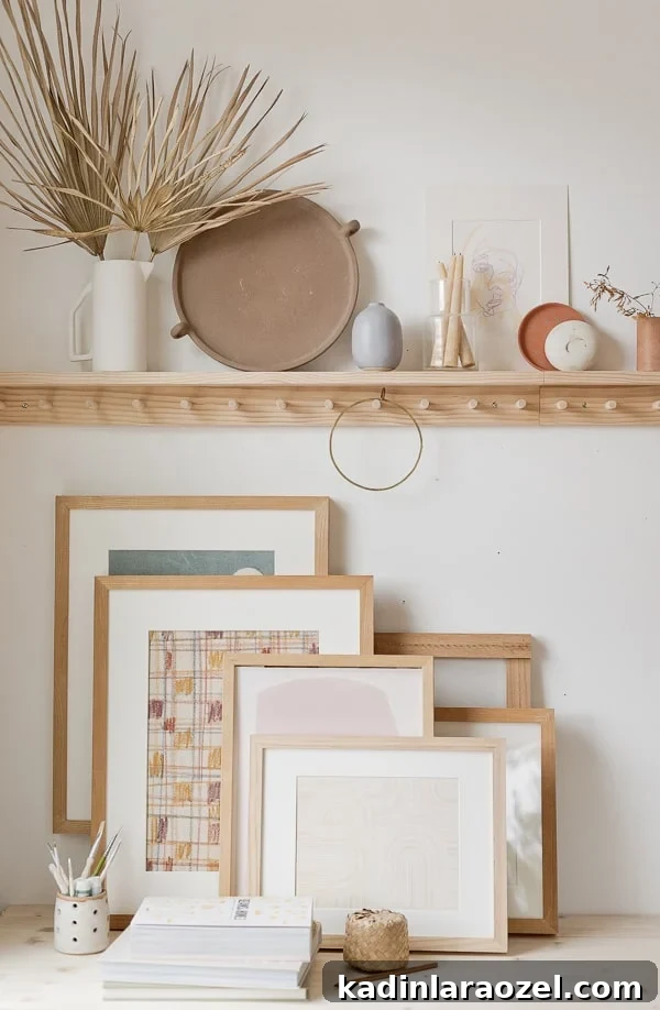 Stack of artwork on a desk with an organic modern vibe