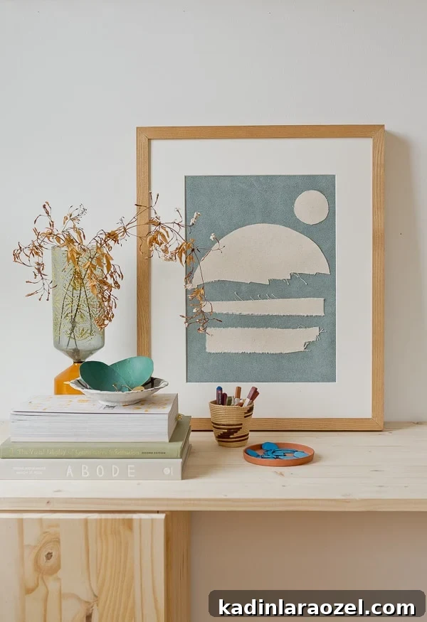 Blue abstract artwork leaning against the wall on a desk with books