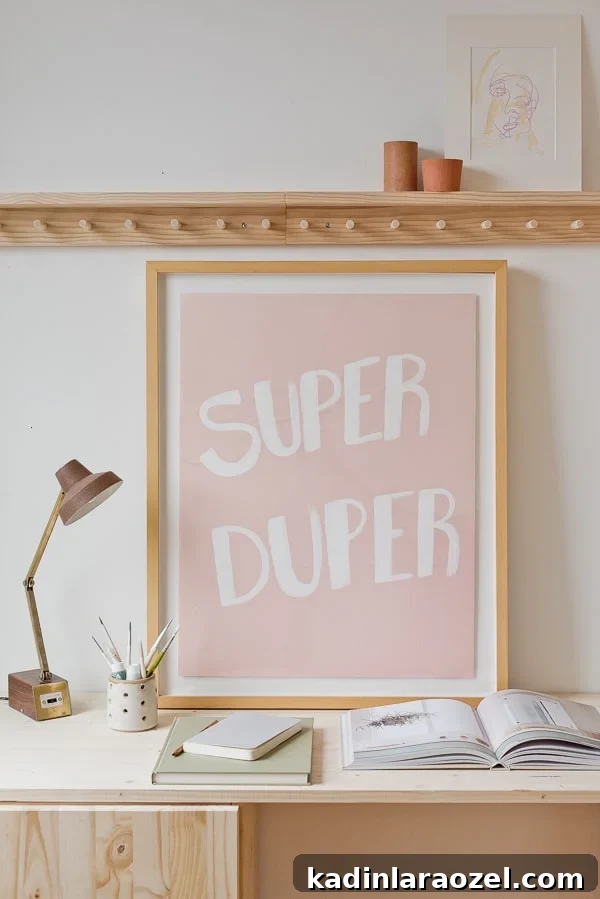 Pink artwork that says SUPER DUPER leaning against the wall on a desk