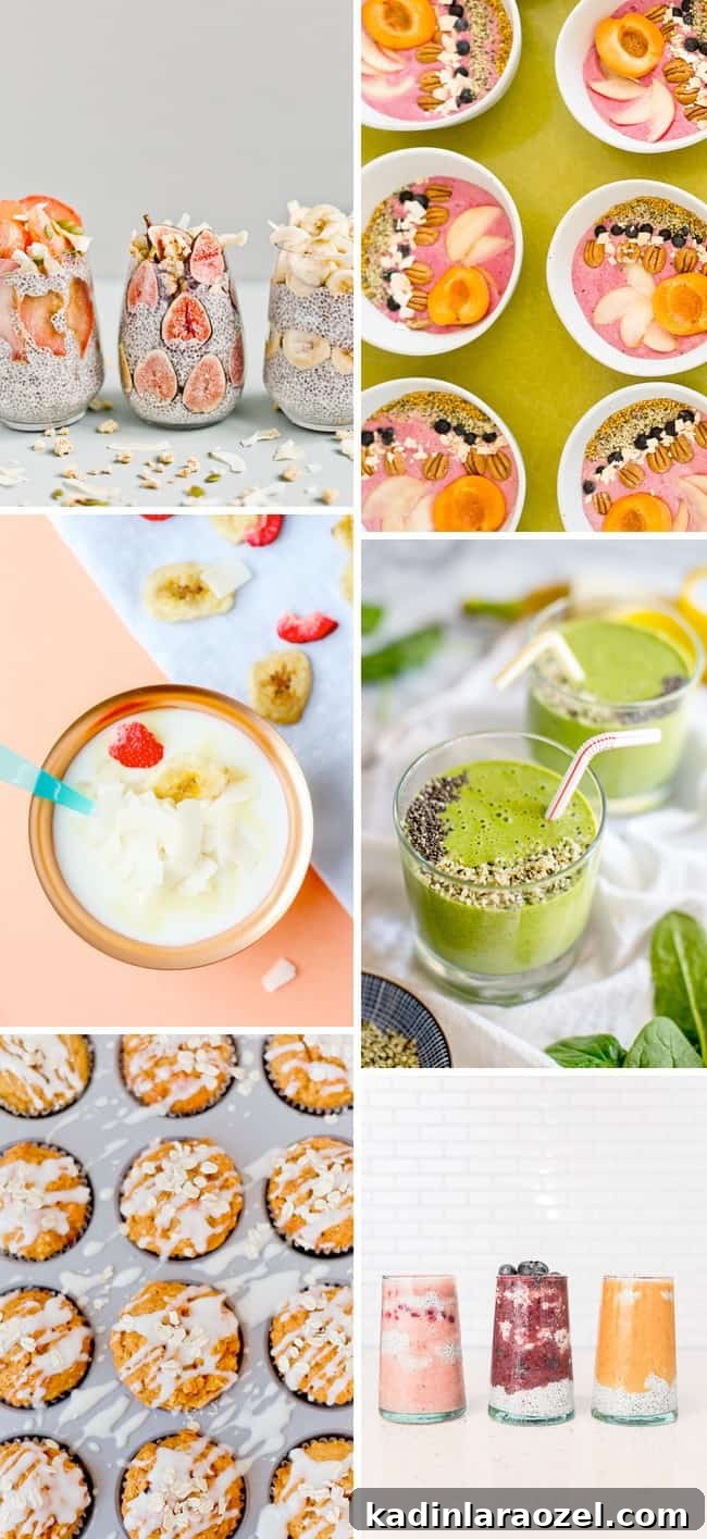 Healthy breakfast ideas, featuring smoothies, bowls, and muffins.
