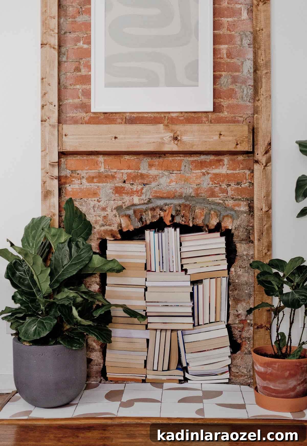 Old, brick fireplace with lots of character, has a geometric tile pattern on the hearth and plants and stacked books surrounding it
