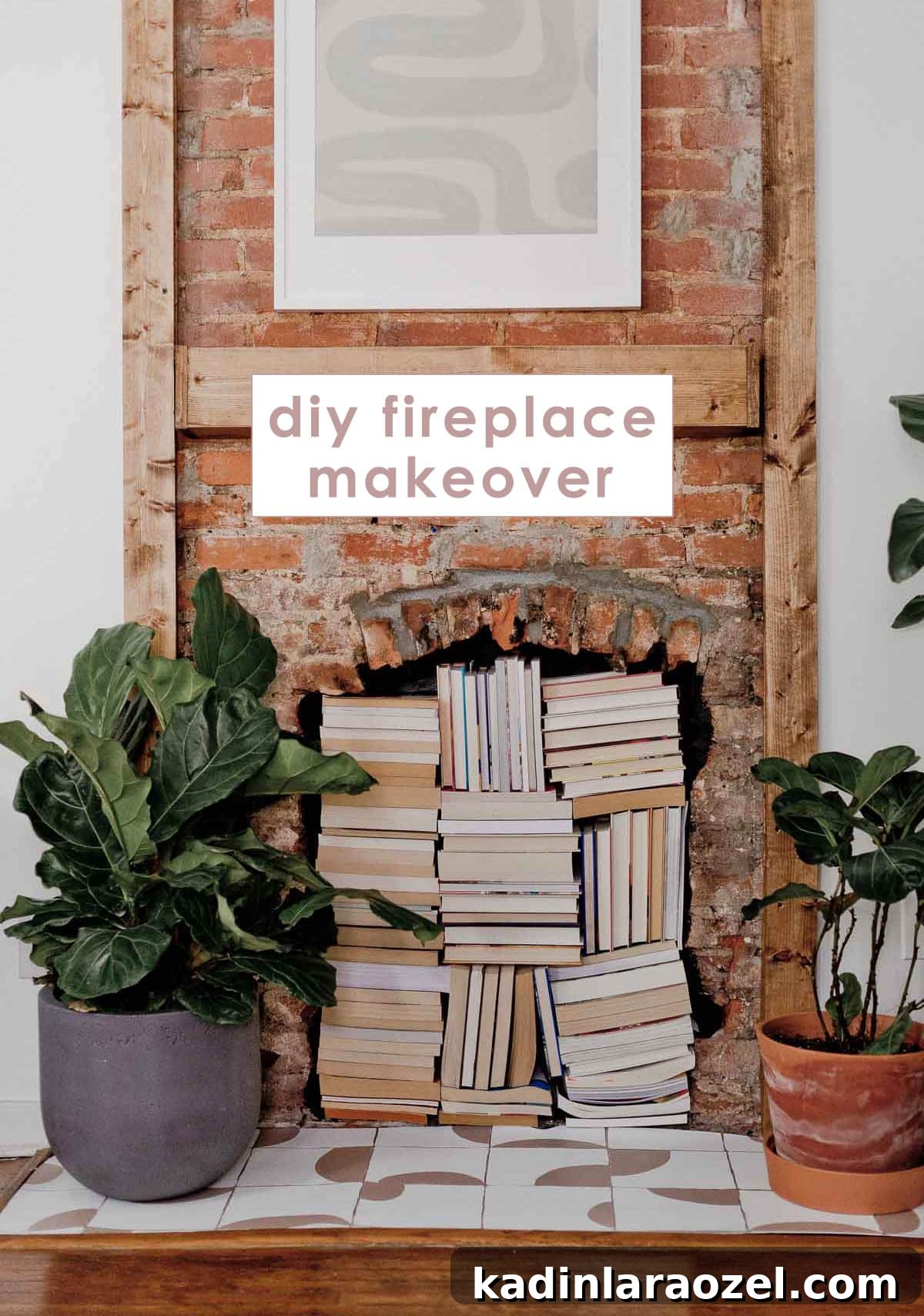 Old brick fireplace filled with stacked books and plants