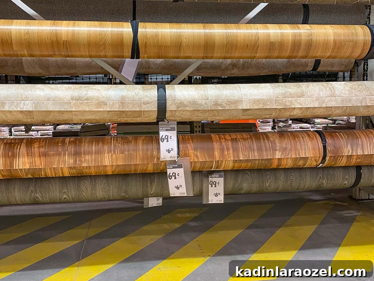 Rolls of vinyl in different floor patterns at Home Depot