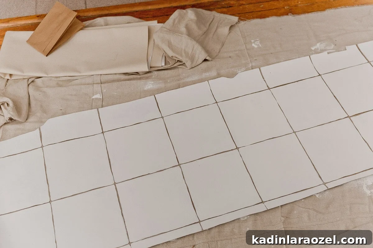 Vinyl flooring being painted white to look like white tile floors