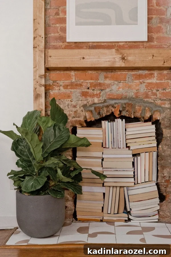 Geometric tile pattern on fireplace hearth in old home with character brick and plants